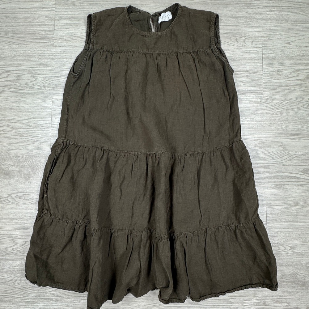 Velvet Women's Dress Linen Tiered Sleeveless Mini Shift Dark Olive Green XS Boho
